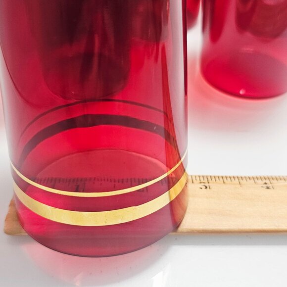 6 Anchor Hocking Royal Ruby Glasses 4.7" vtg red glass 9oz tumblers gold stripes - Picture 8 of 11